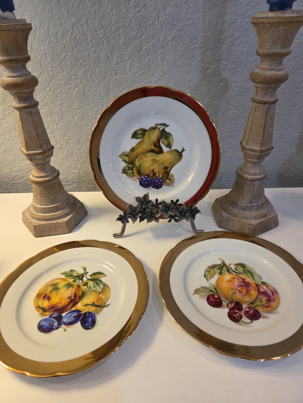 3 - Gold-Rimmed Fruit Decorative Salad/Dessert Plates From Czechoslovakia